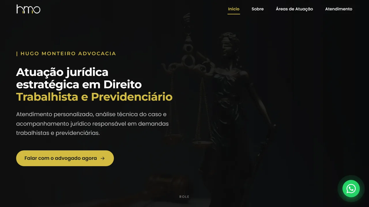 Topo do site Hugo Monteiro Advocacia: fundo escuro com a estátua da justiça e título em dourado.