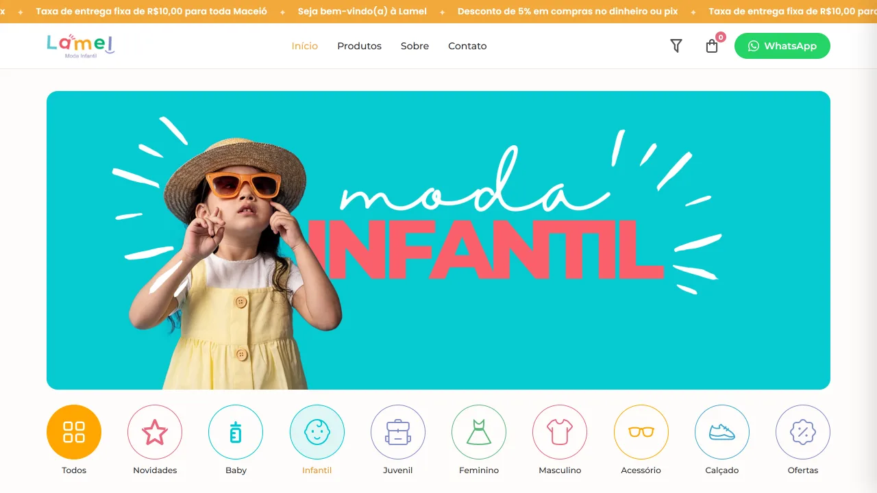 Topo do catálogo Lamel Moda Infantil: banner turquesa e categorias em ícones circulares.